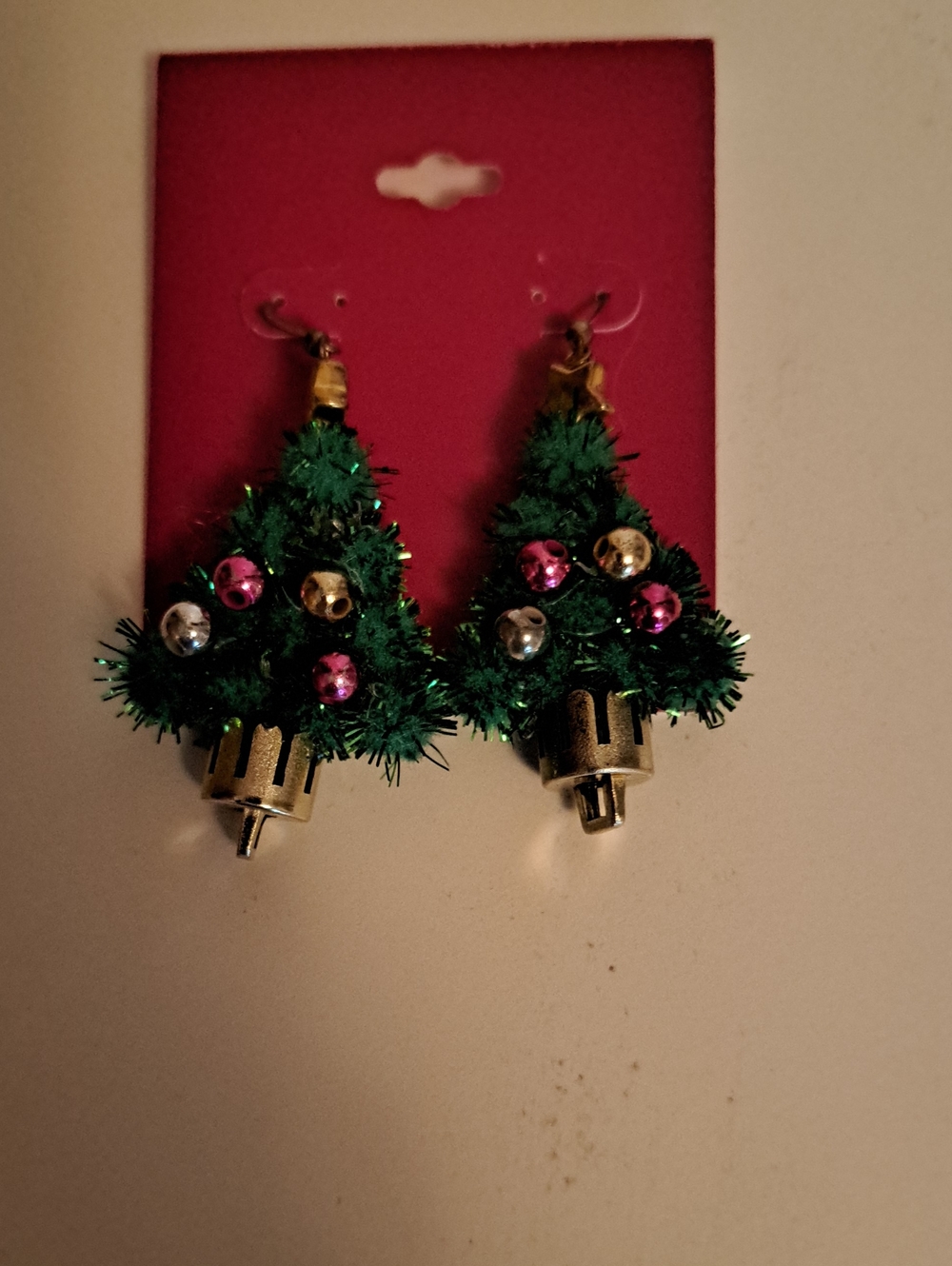Kohl's Green Christmas Tree Drop Earrings with Gold and Pink Accents